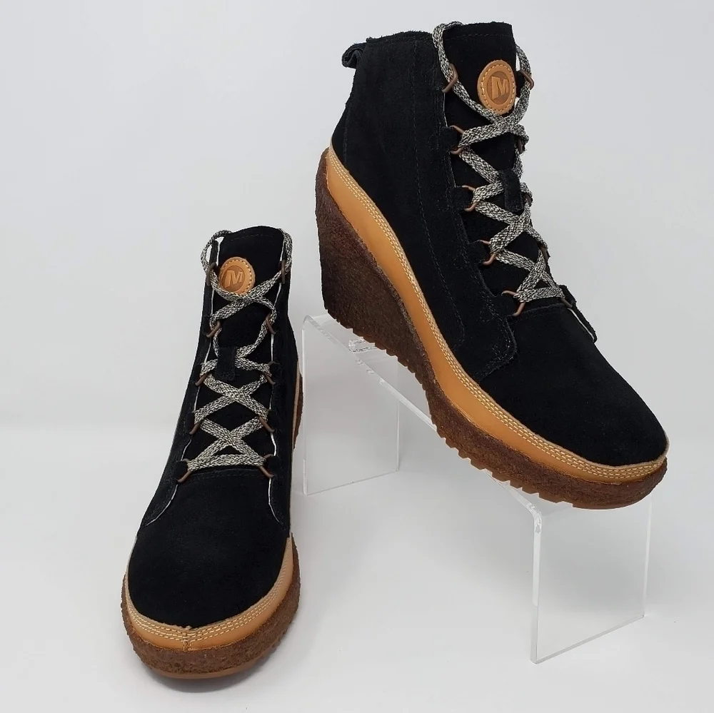 Merrell Tremblant Boots Women 9.5 Black Suede Lace Up Crepe Wedge Ankle Booties